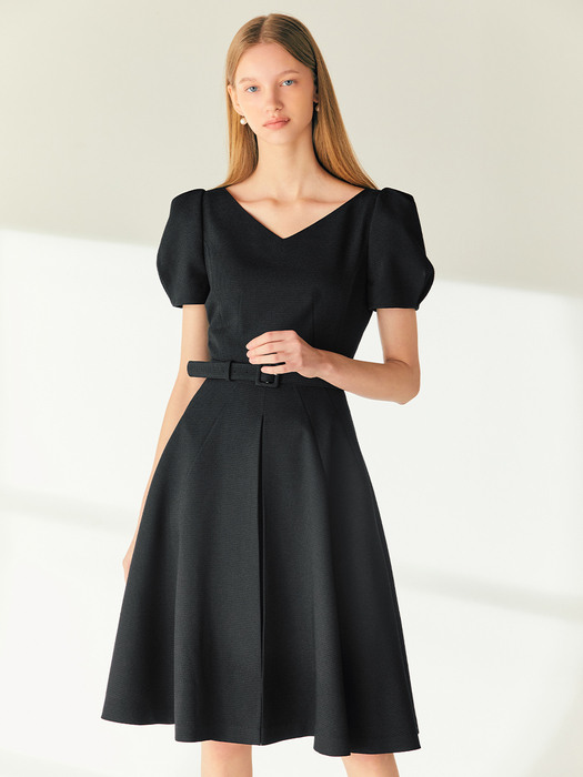 LOUISA V-neck puff sleeve midi dress (Black)