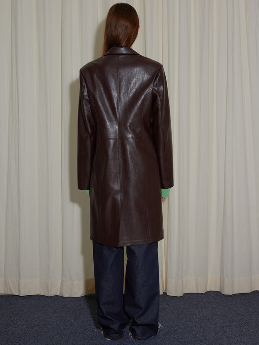 LEATHER FITTED HALF COAT - BROWN