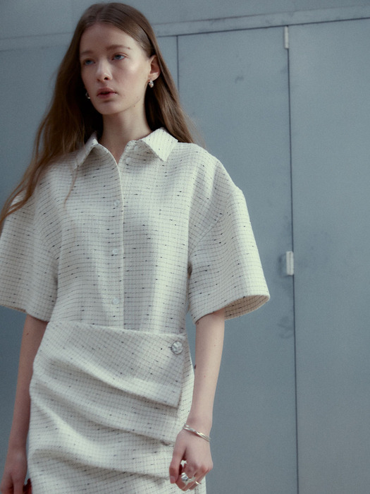 VALERY Tweed Draped Shirt Dress [Japan Fabric]_Ivory Tweed