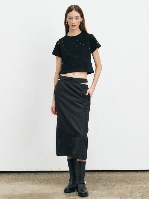GLOSSY SATIN CUT-OUT SKIRT [3COLORS]
