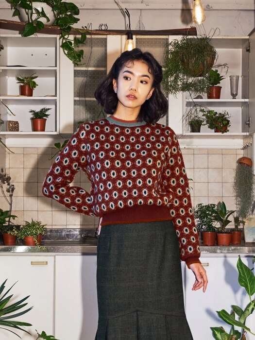 DAISY PATTERN COLOR MIX KNIT_BROWN