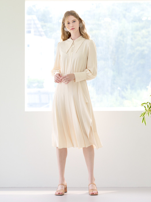 POINTED COLLAR DRAPING DRESS-LIGHT BEIGE