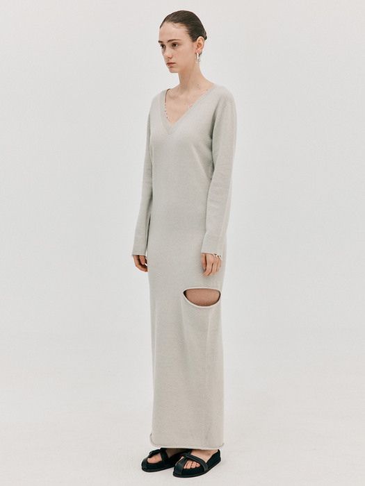 Cashmere Slit Knit Dress_Light Grey