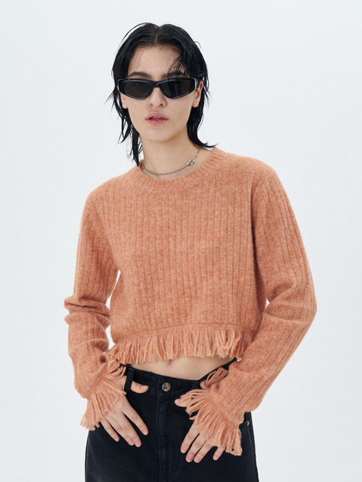RIBBED-KNIT FRINGED PULLOVER(CORAL)