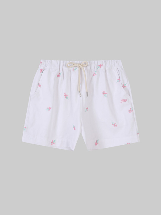 Flower Embroided Cotton Shorts (white)