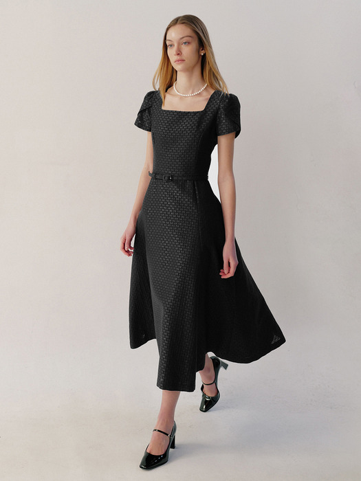 LENNON Square neck silk jacquard flared long dress (Black)