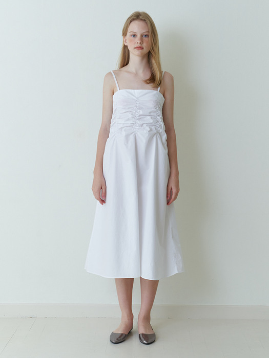 romantic shirring sleeveless dress - white