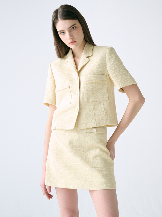 [TWEED] Fringed Crop Tweed Jacket _ Mini Skirt SET
