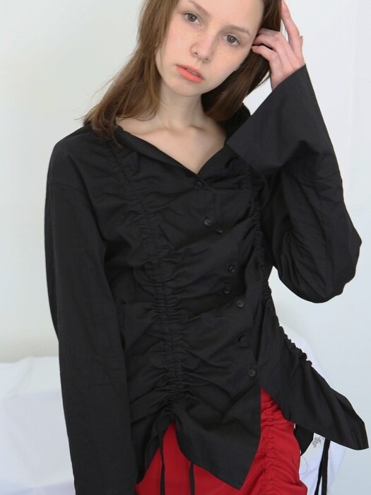Soft Shirring Lace Up Shirt - Black
