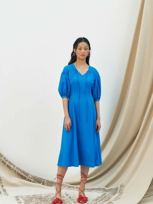Balloon Sleeve Satin Shirring Dress, Blue