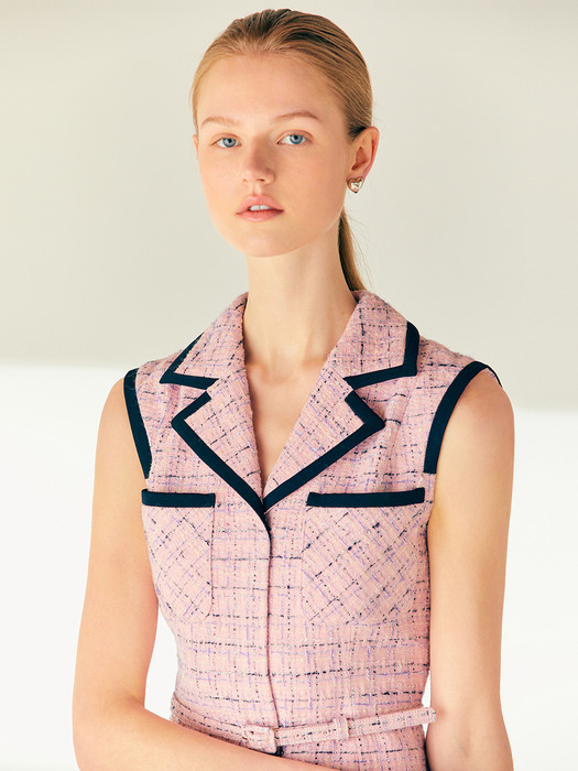 KAYLA Contrast-trim sleeveless semi A-line tweed mini dress (Pink)
