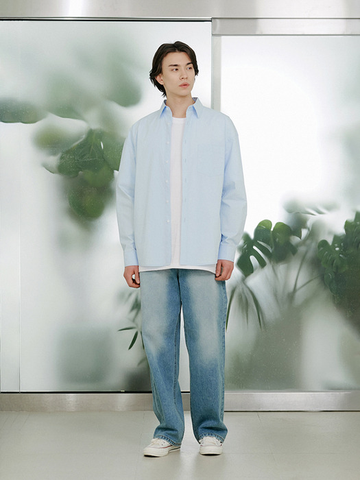(MEN) 코튼 오버핏 베이직 셔츠 스카이 블루