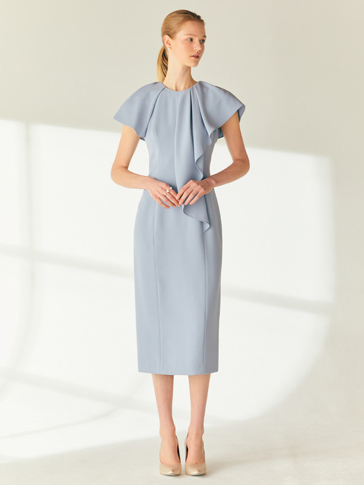 REIGHLEE Ruffle detail sleeveless H-line long dress (Ivory/Cornflower blue)