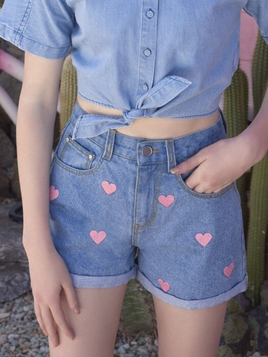 [EXCLUSIVE](PT-18304)ROLA HEART DENIM SHORTS LIGHT BLUE