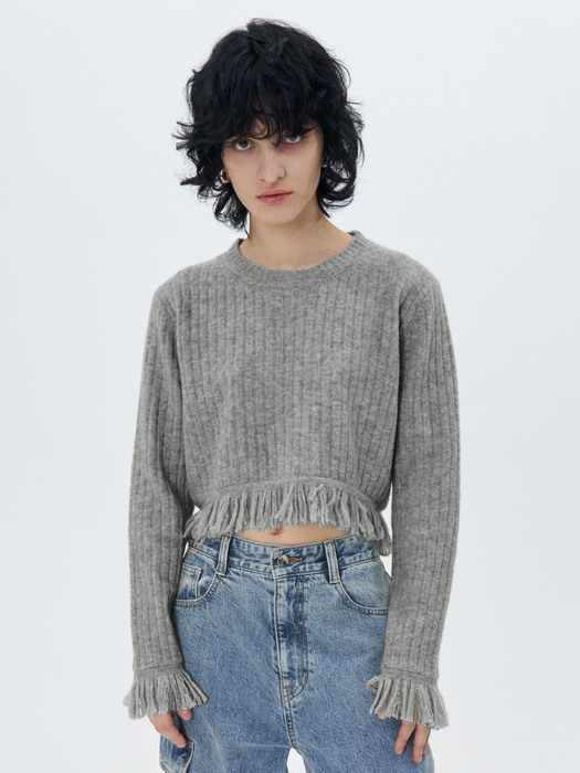 RIBBED-KNIT FRINGED PULLOVER(M.GREY)