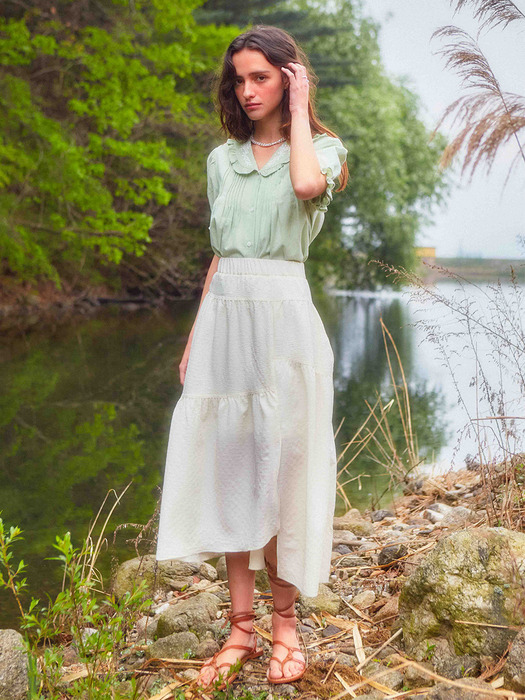 Unbalanced Shirring Long Skirt (3colors)