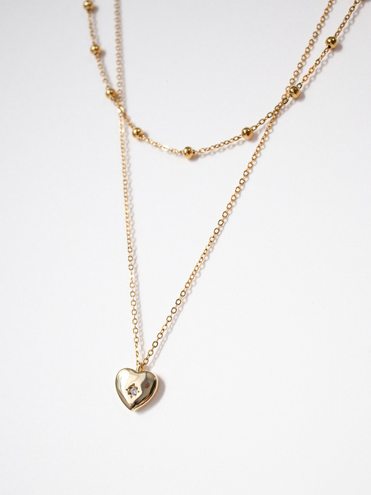 Heart point 2 chain layered surgical gold necklace