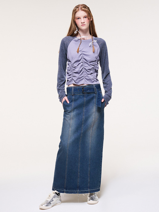 Wide Belt Long Denim Skirt, Blue