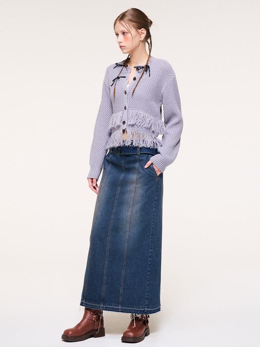 Wide Belt Long Denim Skirt, Blue