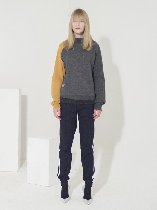 Sleeve Color-Block Basic Pullover_GRAY