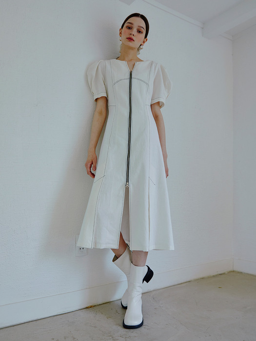 Linen Stitch Zipper Dress, Ivory
