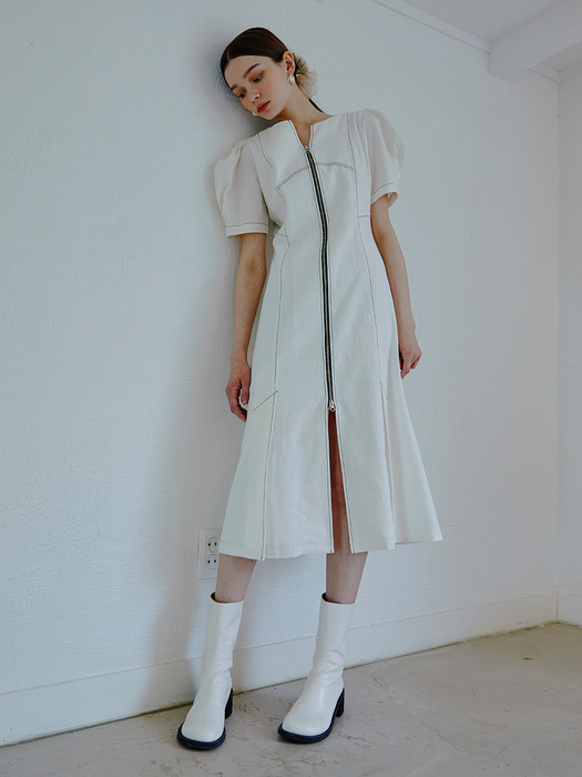 Linen Stitch Zipper Dress, Ivory