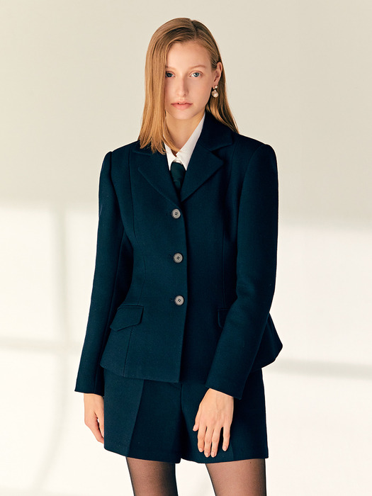 [SET]JAMILLA Tailored collar wool jacket + BESSIE Wool suit shorts (Deep navy)