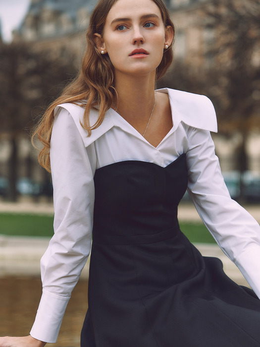 BELINDA Shirt layered long-sleeve midi dress (Beige/Black)