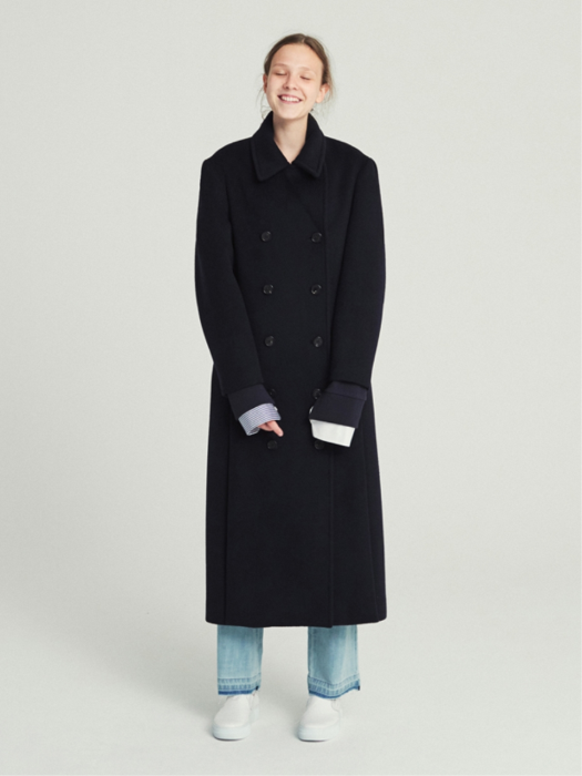 DOUBLE BREASTED WOOL LONG COAT (NAVY)