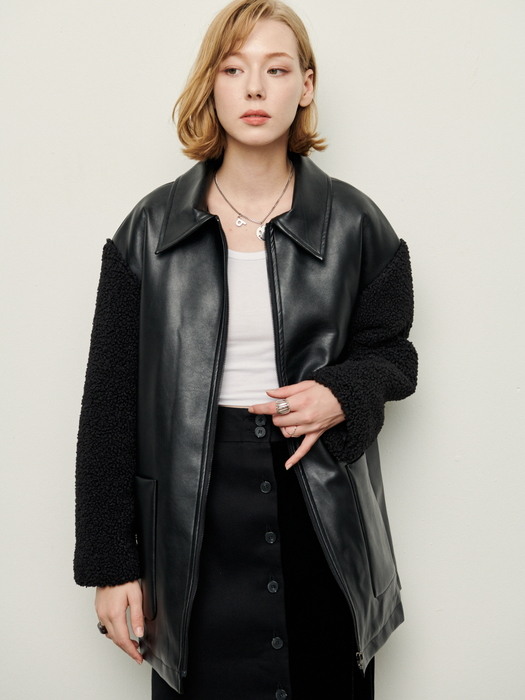 Shearing sleeve  Lether Zip up coat