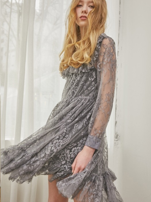 Rectangle Ruffle Lace Dress_Grey