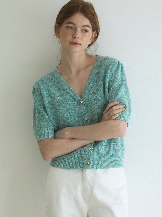 Gold button puff sleeve knit cardigan