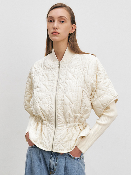 EMBROIDERY QUILTED SHORT SLEEVE JACKET [IVORY][BLACK]