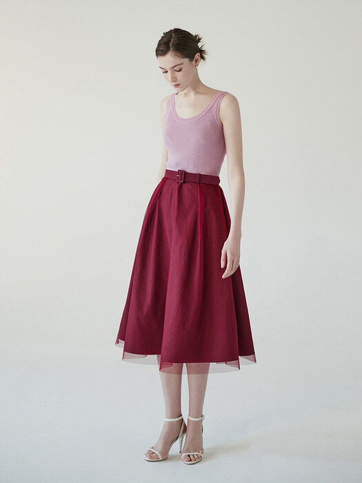 ARIA Knit combination flared dress (Plum pink&Burgundy)