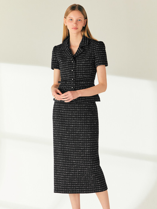 MIRANDA H-line tweed long skirt (Ivory/Black)