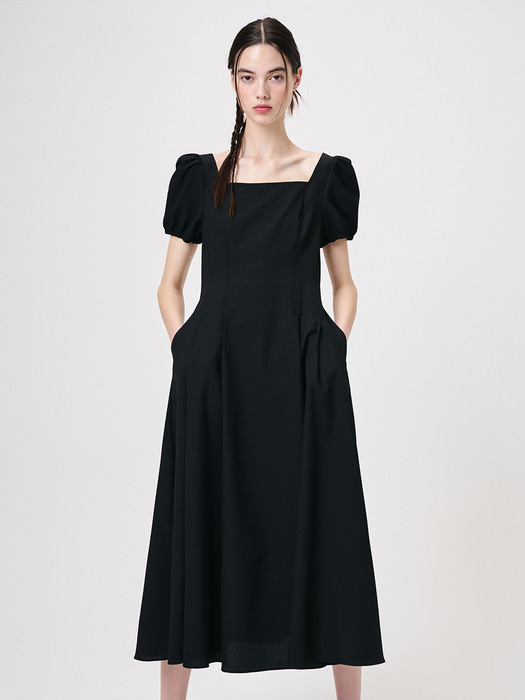 Square Neck Pintuck Dress, Black