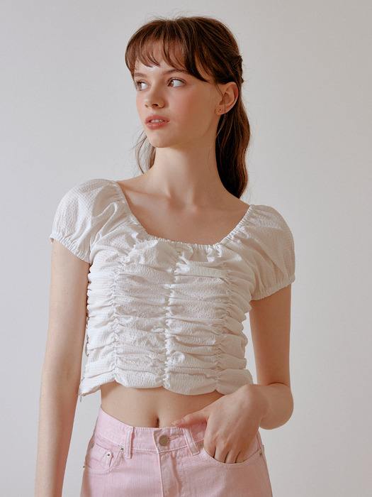 Puffy shirring blouse (white)