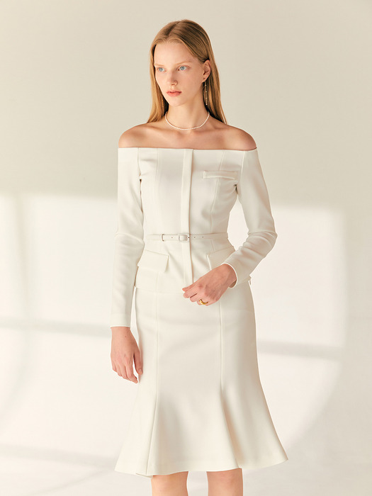 [SET]WENDIE Off shoulder belted jacket detailed blouse + MURIEL Mermaid midi skirt (Off white/Black)