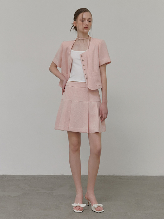 Pleats Tweed Mini Skirt, Pink