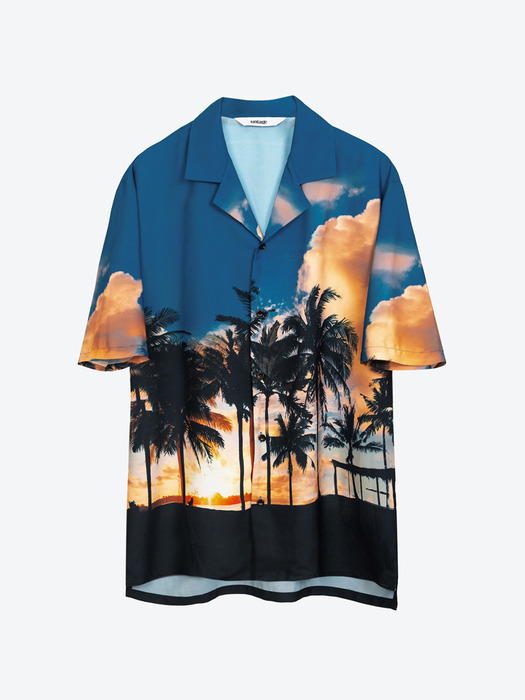 Palmtree Printed Bowling Shirts[Blue(UNISEX)]_UTS-SS01