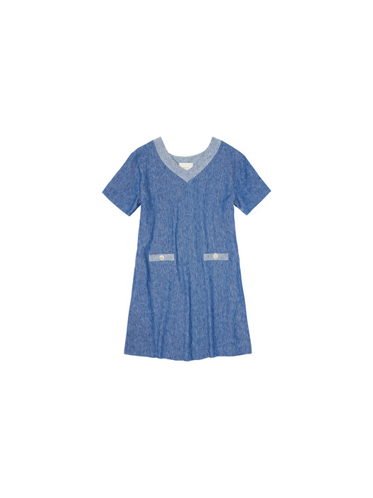 SIA8017 blue linen v-neck dress_Natural blue