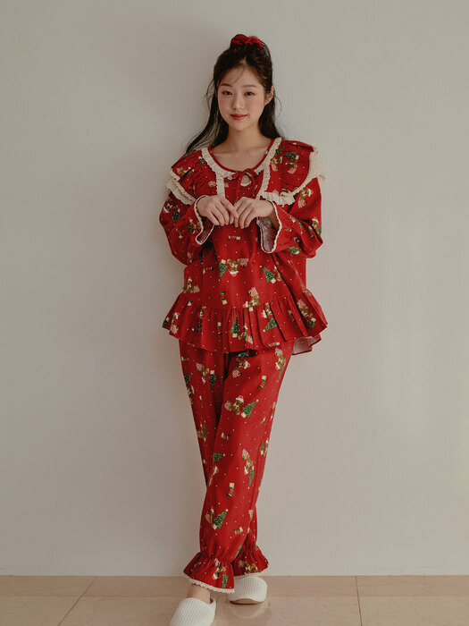 여성 산타베어 기모코튼 상하 잠옷(2C긴소매라운드넥)