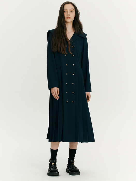 Double button pleated dress - Navy