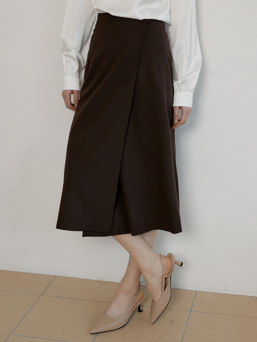 AT WRAP BUTTON FLARE SKIRT BROWN
