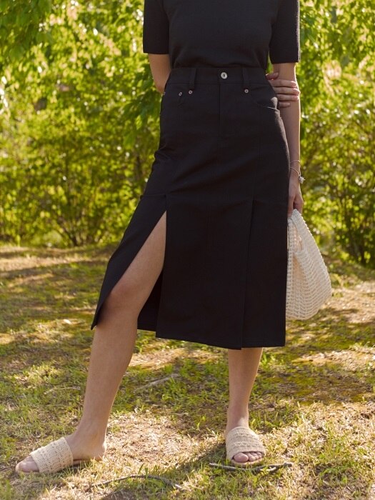 Double Slit Denim Skirt (Black)