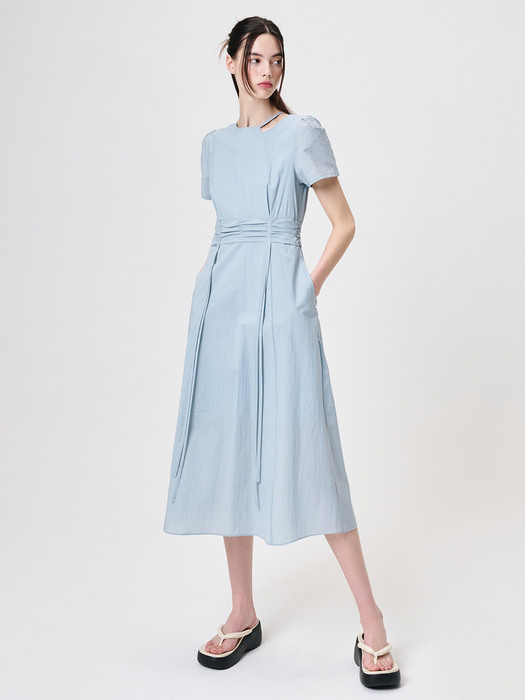 Neck Cut-Out Shirring Dress, Sky Blue