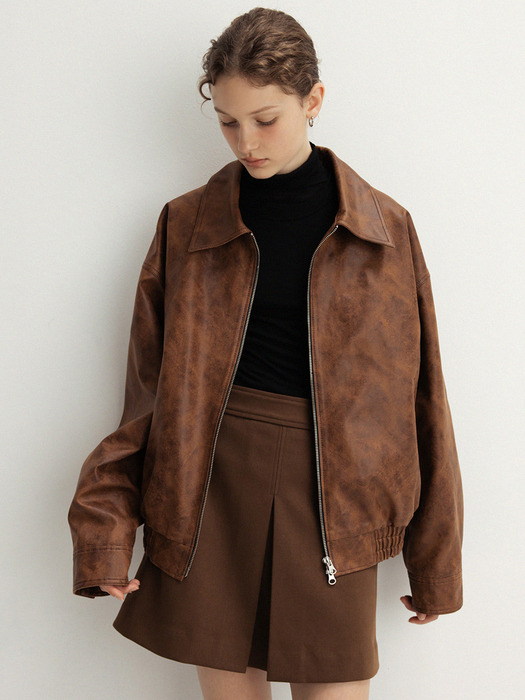crack faux leather blouson jacket (brown)