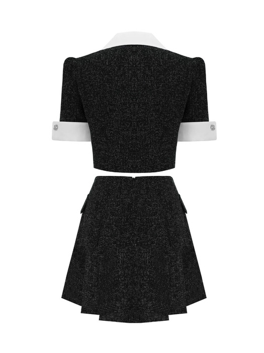 [SET] Cuffs Tweed Jacket & Tweed Pleats Skirt (Black)