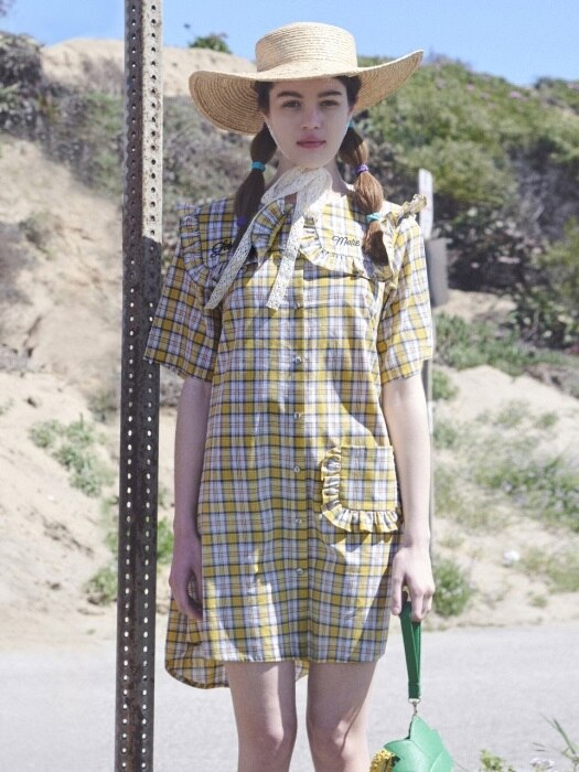 (OP-18305)CHECKED SHIRRING ONEPIECE YELLOW