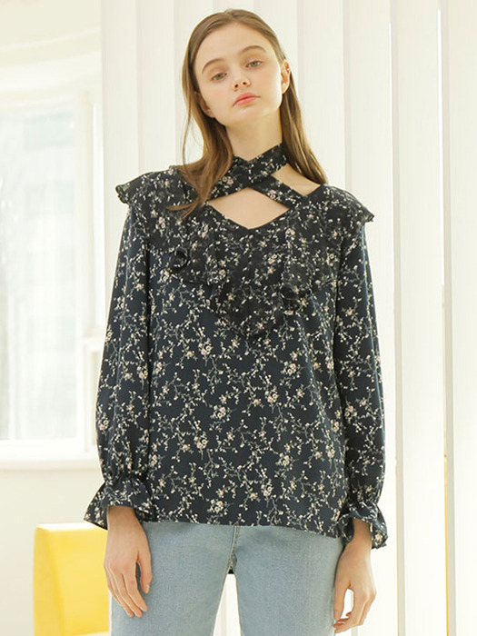 FLORAL CHIFFON SCARF BLOUSE_NAVY